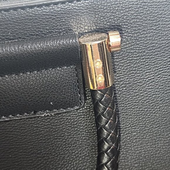 La Terre Black Peta Apprvd Vegan Braided Handle Gold Accent Feet Handbag w/Strap - Picture 13 of 16